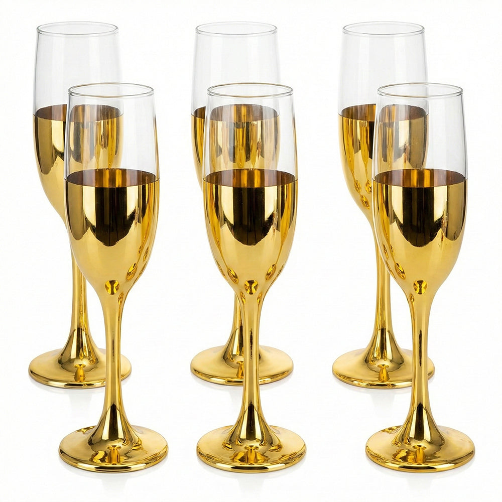 6-Pcs Elegant & Smooth Beverages Champagne Flute Glass – Gold 190ml #3769-1